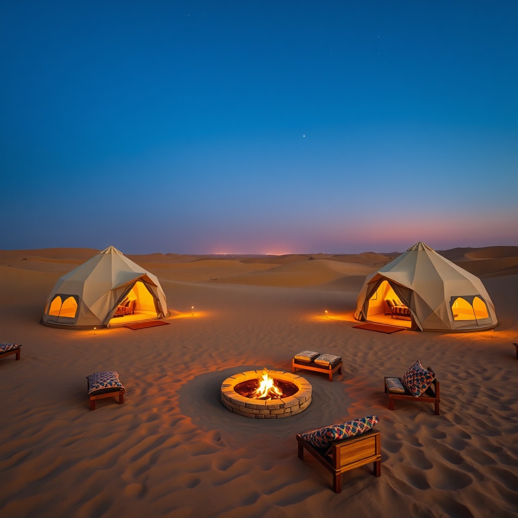 A luxurious eco-friendly desert camp in the Kuwait desert with glowing dome tents and a campfire under a starry night sky, highlighting outdoor travel adventures in Kuwait.