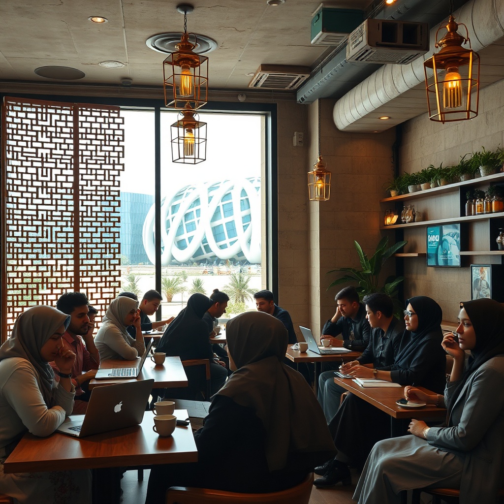 A bustling café scene in Salmiya reflects the evolving social fabric of modern culture in Kuwait City, where young Kuwaitis blend traditional hospitality with contemporary co-working spaces and specialty coffee.