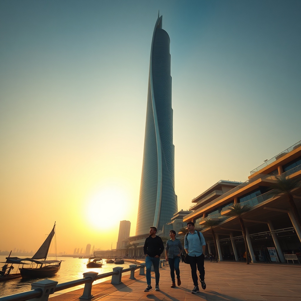 Modern culture in Kuwait City is vividly contrasted in this image of the Al Hamra Tower's twisting spire overlooking the traditional dhow harbor, where contemporary architecture meets Bedouin heritage, capturing the city's Gulf Modernism.