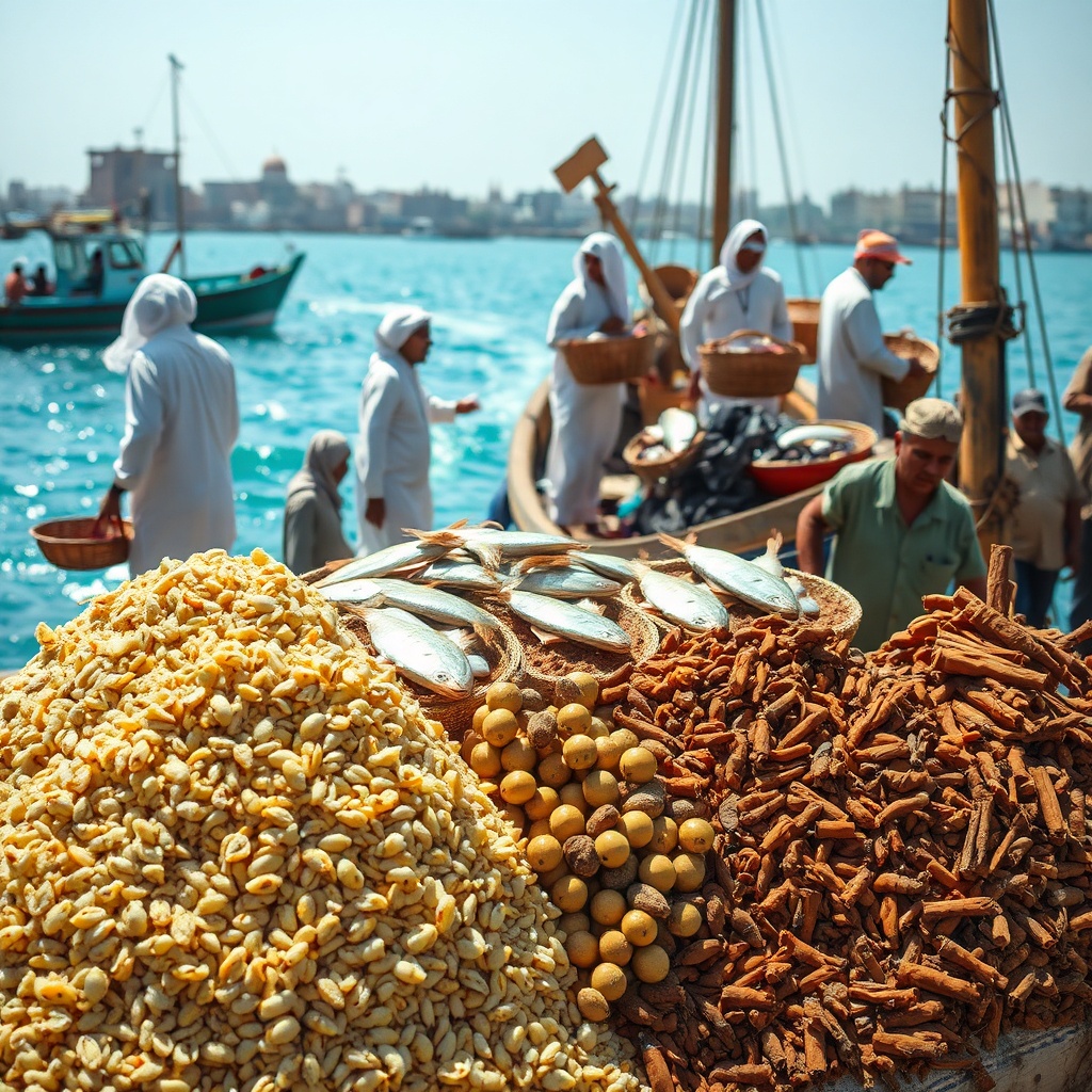 Traditional Kuwaiti cuisine heritage is captured in a vibrant fish market scene with fishermen unloading fresh seafood from a dhow, alongside stalls of aromatic baharat and loomi spices.