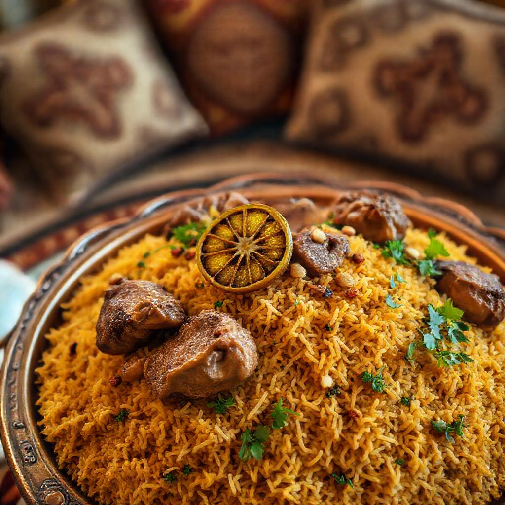 Close-up of traditional Kuwaiti cuisine, featuring a fragrant Machboos with spiced basmati rice, tender meat, and a dried loomi lime, served on a copper platter in a traditional setting.