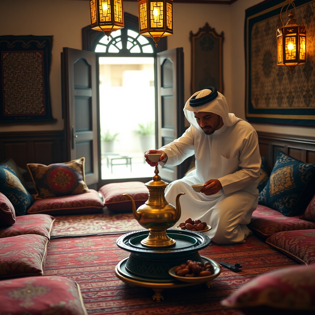 Traditional Kuwaiti culture majlis interior with plush floor seating, a brass dallah serving aromatic gahwa coffee, and a tray of dates, capturing the essence of Kuwaiti hospitality