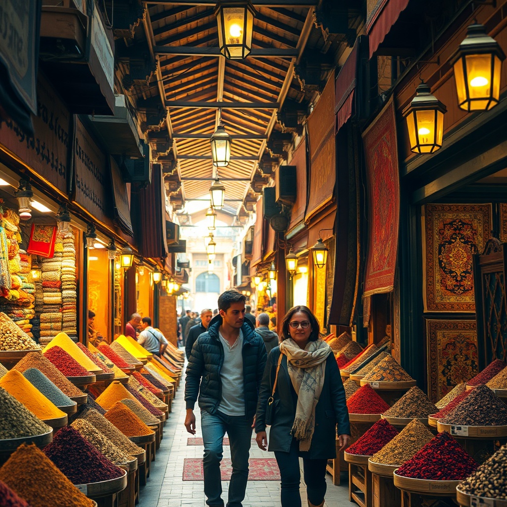 Travelers exploring the vibrant, colorful spice stalls and traditional architecture of Souq Al-Mubarakiya, showcasing cultural travel adventures in Kuwait.