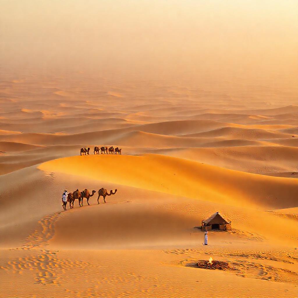 Golden dunes and a camel caravan at a traditional Bedouin camp during a Kuwait City desert day trip, with warm sunset lighting and a distant skyline.