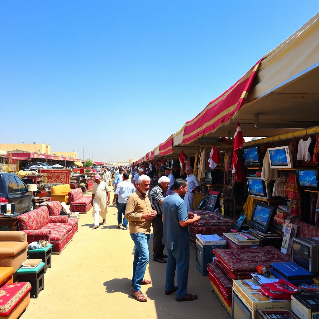Lively outdoor scene at the Friday Market, a popular destination among top souks in Kuwait, with vendors and shoppers bargaining over furniture, electronics, and carpets under bright daylight.