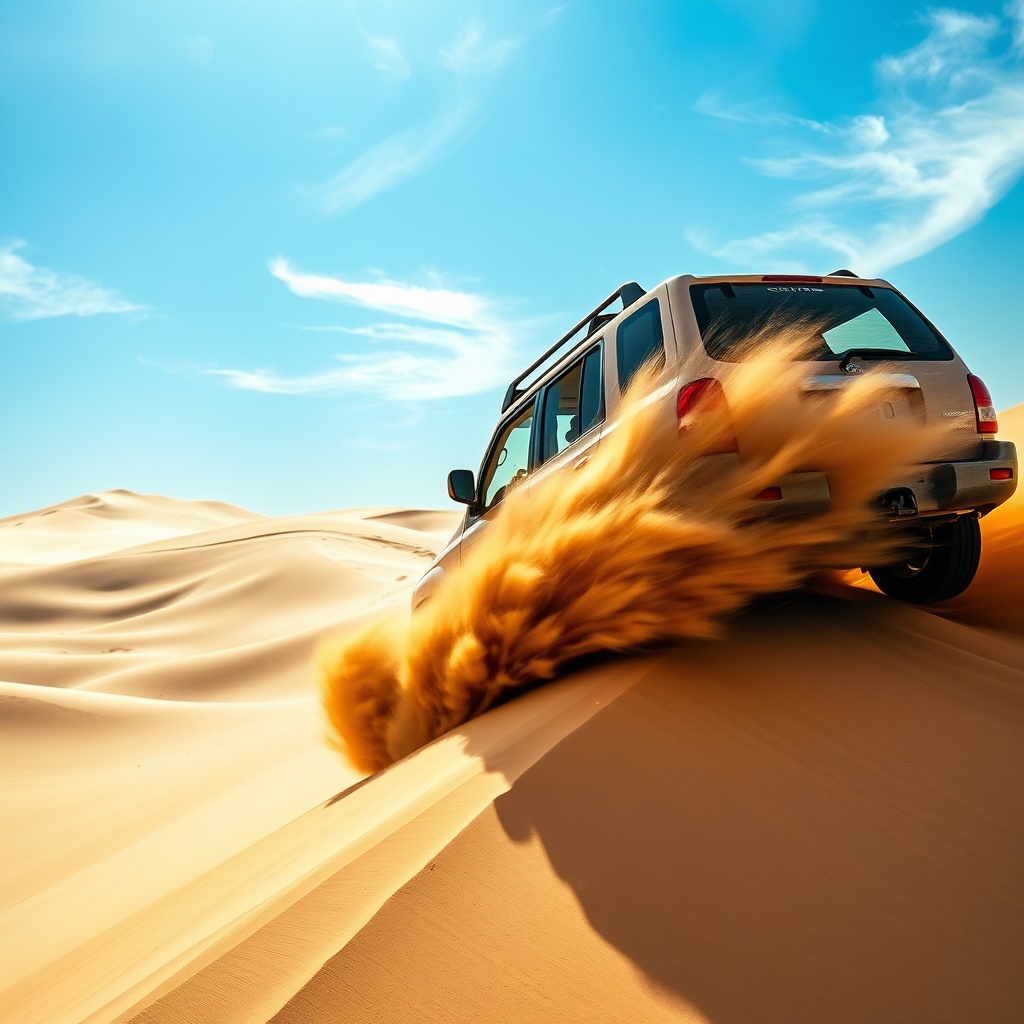 A 4x4 vehicle dune bashing on steep sand dunes during a Kuwait City desert day trip, with bright blue sky and flying sand.