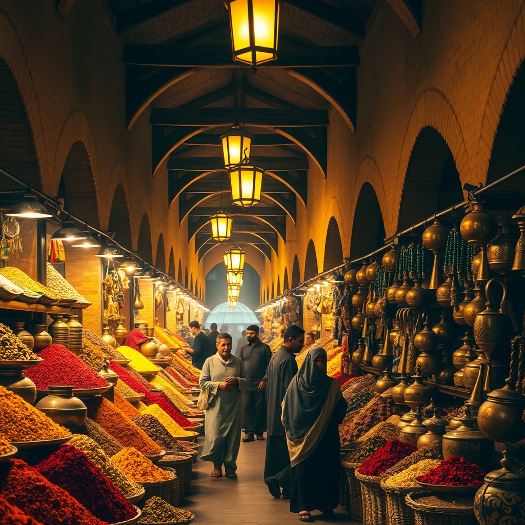 Interior of Souk Al-Mubarakiya, one of the top souks in Kuwait, featuring traditional mud-brick architecture, hanging lanterns, and vibrant spice stalls in a warm, atmospheric setting.